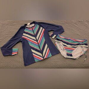 24th & Ocean Front Zip Long Sleeve Rashguard Swim Set Navy Blue Stripe Size XL